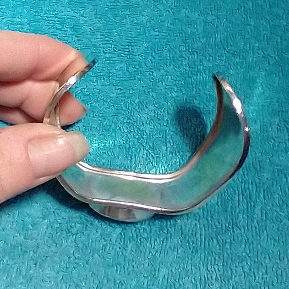 Gold Worn Down To Silver Cuff Bracelet with Faux Turquoise Stone Large Vintage - Picture 3 of 7